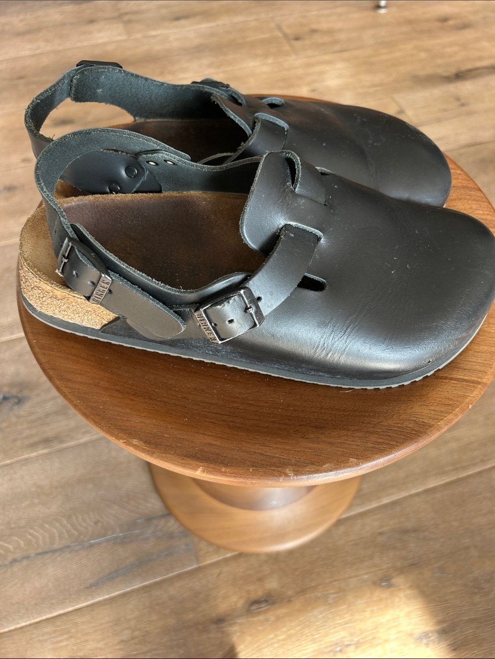 Birkenstock Black Leather Clog Sandals with Back Strap